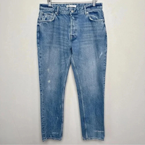 Zara Mens  36 Medium Wash Distressed Relaxed Button Fly Jeans - Picture 2 of 15